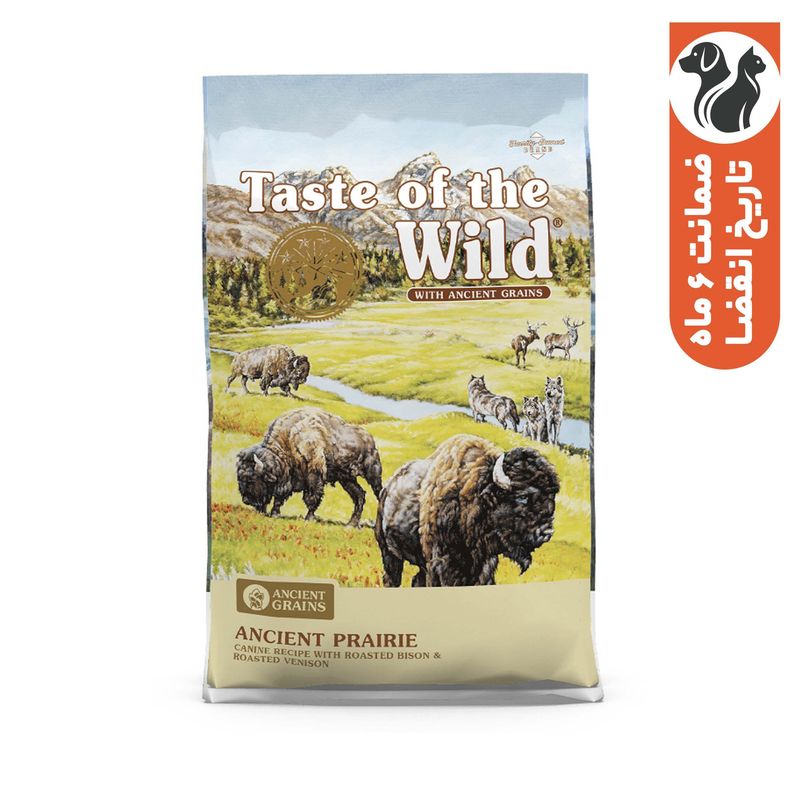 غذای خشک سگ بالغ تیست آف ویلد مدل ancient prairie canine recipe طعم گوشت گوزن و گاومیش وزن 2270 کیلوگرم
