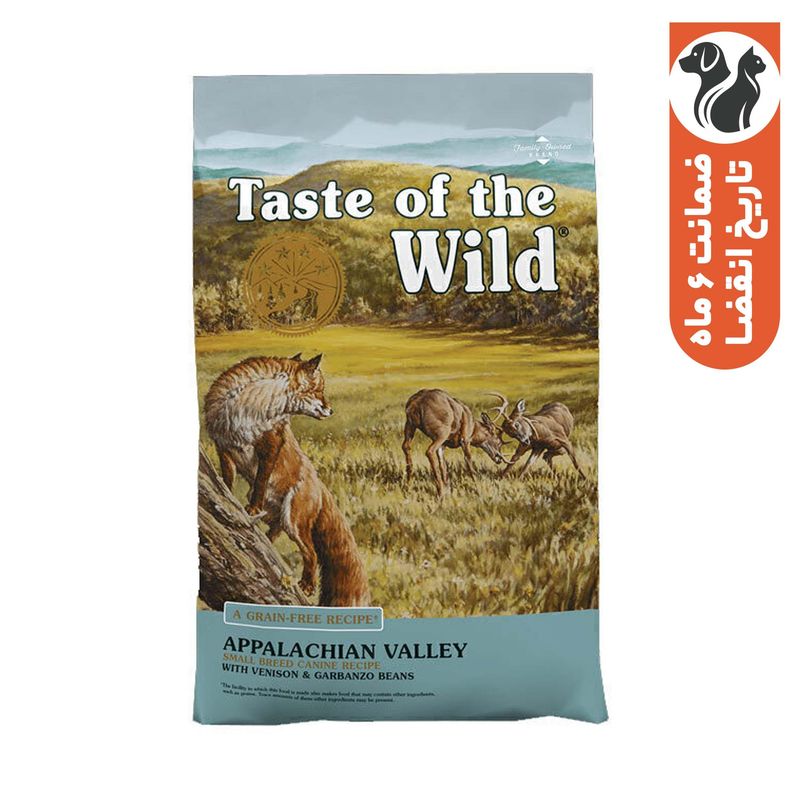 غذای خشک سگ بالغ تیست آف ویلد مدل appalachian valley canine recipe نژاد کوچک با طعم گوشت گوزن و لوبیا گاربانزو وزن 2 کیلوگرم