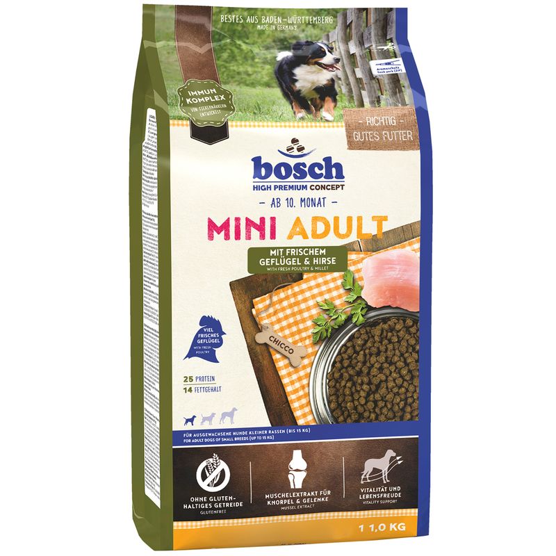 غذای خشک سگ بوش مدل mini adult fresh poultry and millet وزن 1 کیلوگرم