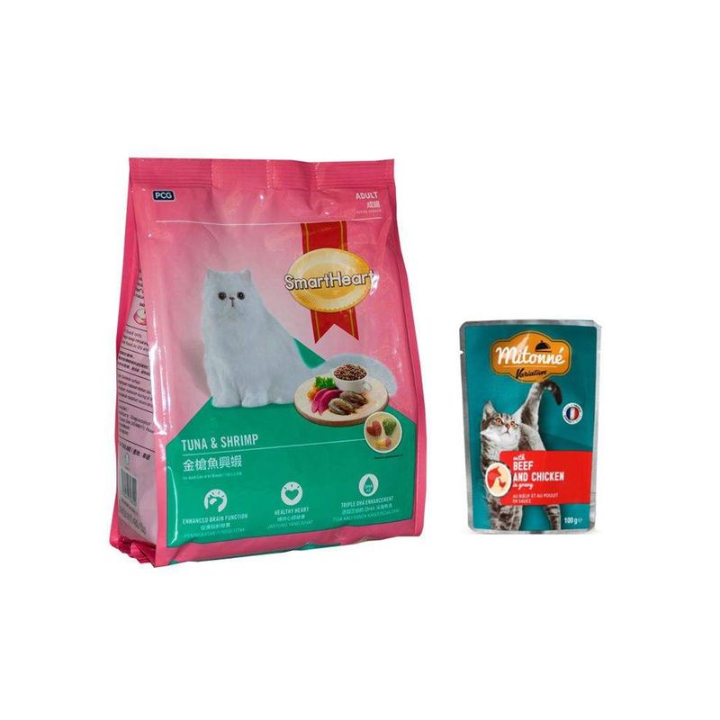 غذای خشک گربه اسمارت هرت مدل tuna shrimp مقدار 1200 گرمی به همراه پوچ میتونه