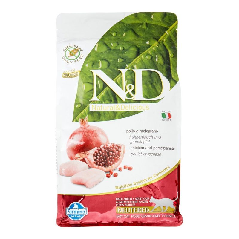 غذای خشک گربه فارمینا مدل grain free chicken and pomegrante neutered وزن 3 کیلوگرم