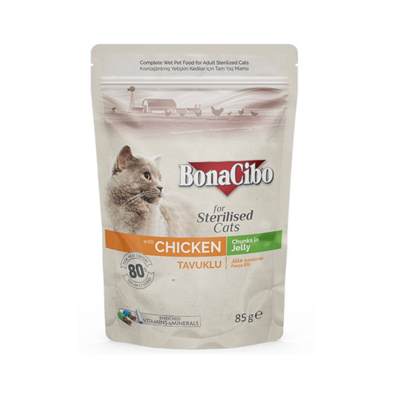 غذای پوچ گربه بوناسیبو مدل chicken وزن 85 گرم مجموعه 12 عددی
