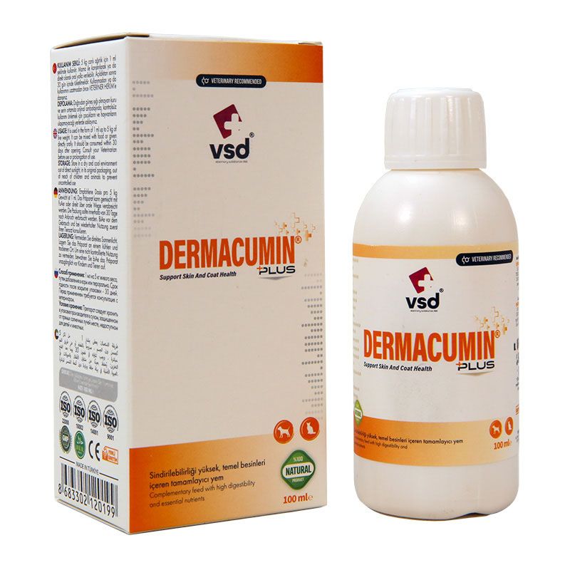 محلول وی اس دی مدل محافظت از پوست و مو سگ و گربه dermacumin حجم 100 میلی لیتر