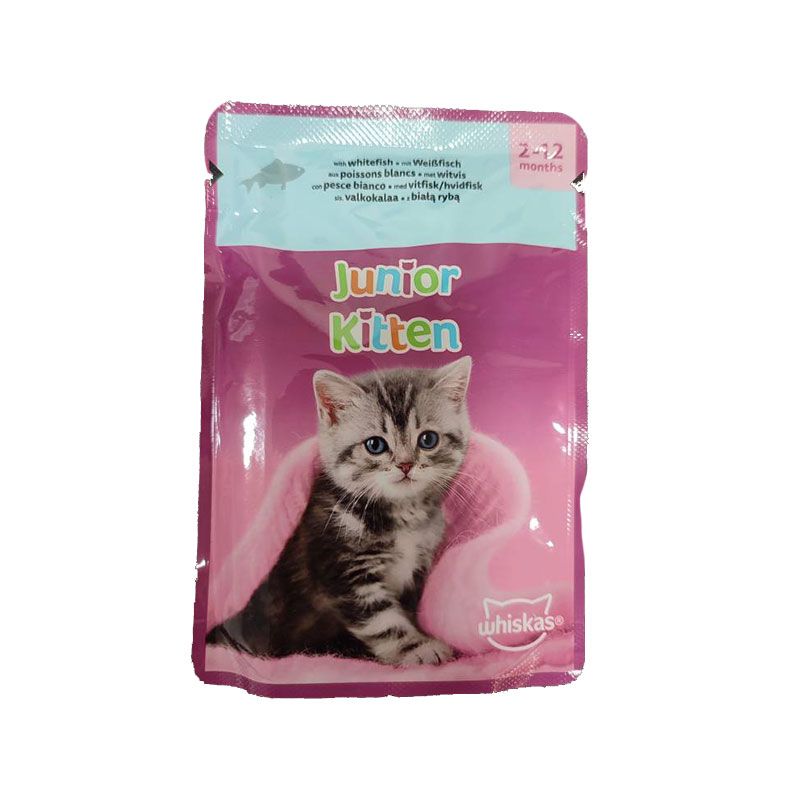 پوچ بچه گربه ویسکاس مدل kitten fish favourites in jelly طعم ماهی سفید وزن 85 گرم