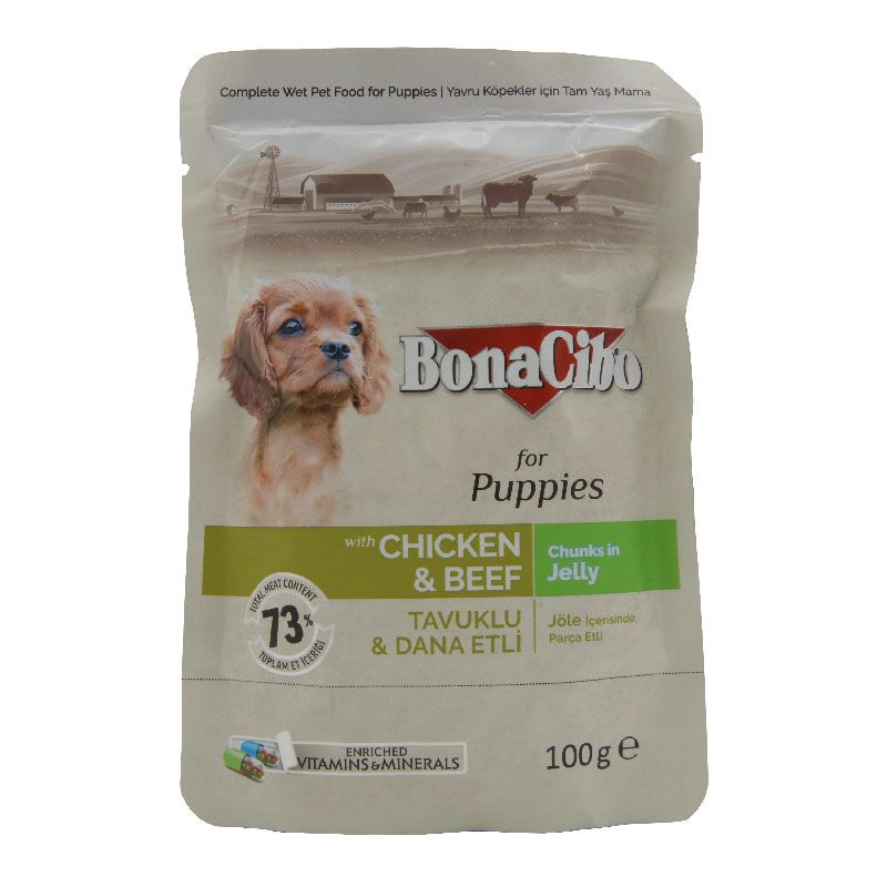 پوچ توله سگ بوناسیبو مدل chicken & beef وزن 100 گرم
