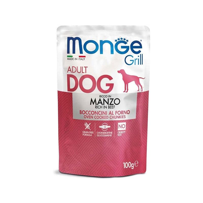 پوچ سگ مونژه مدل monge grill adult با طعم گوشت گوساله وزن 100 گرم