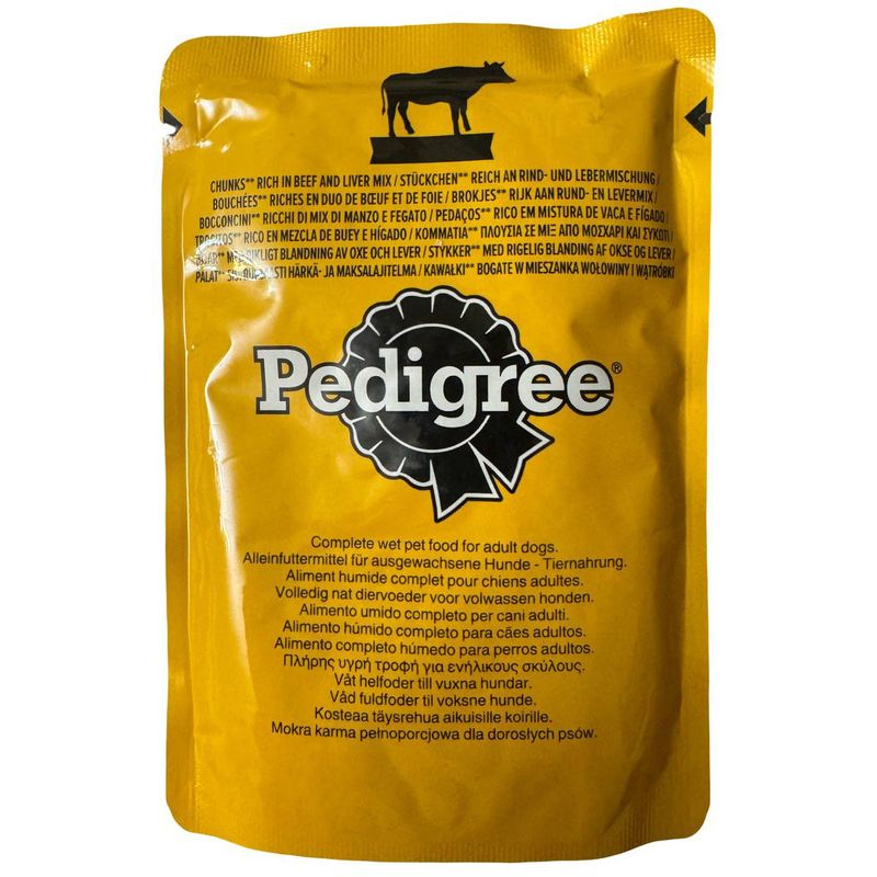 پوچ سگ پدیگری مدل تکه های گوشت گاو و جگر وزن 100گرم