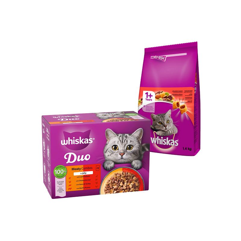 پوچ و غذای خشک گربه بالغ ویسکاس مدل cat meaty combos با طعم گوشت بسته 2 عددی