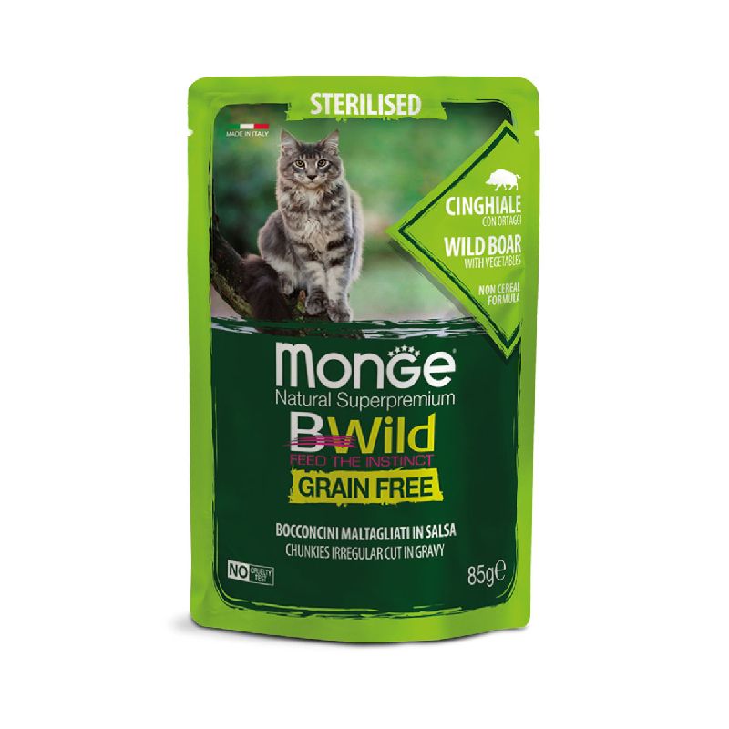 پوچ گربه بالغ عقیم مونژه مدل bwild sterilised wild boar with vegetables طعم گراز وحشی و سبزیجات وزن 85 گرم