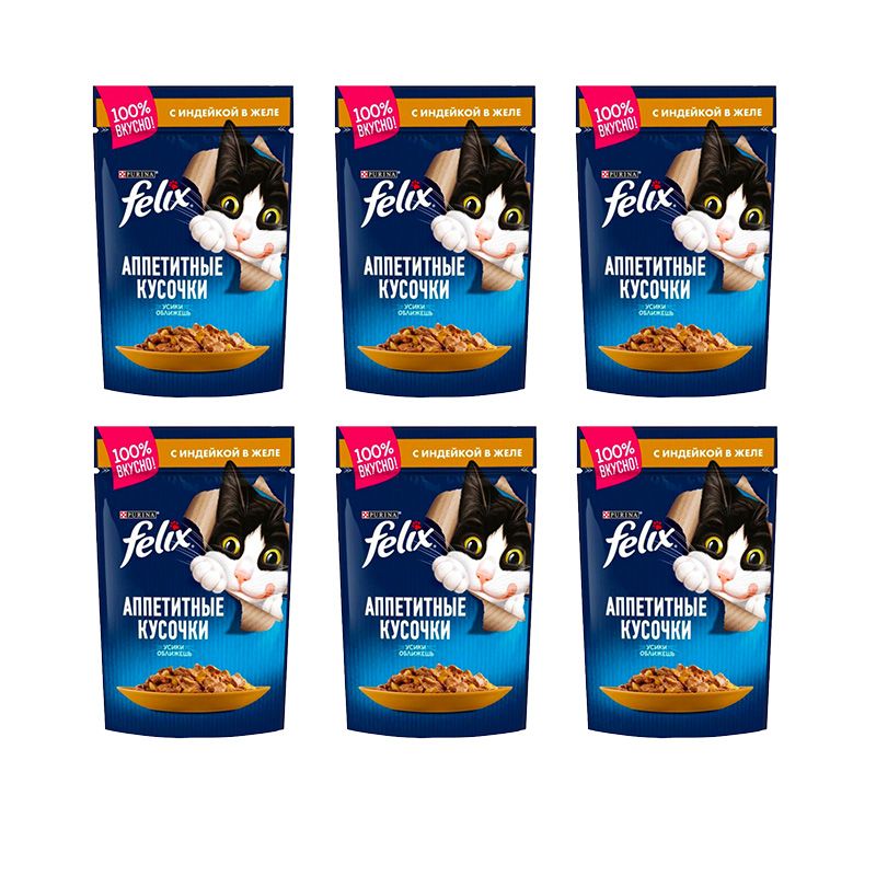 پوچ گربه بالغ فلیکس مدل appetizing pieces in jelly pack طعم بوقلمون بسته 6 عددی