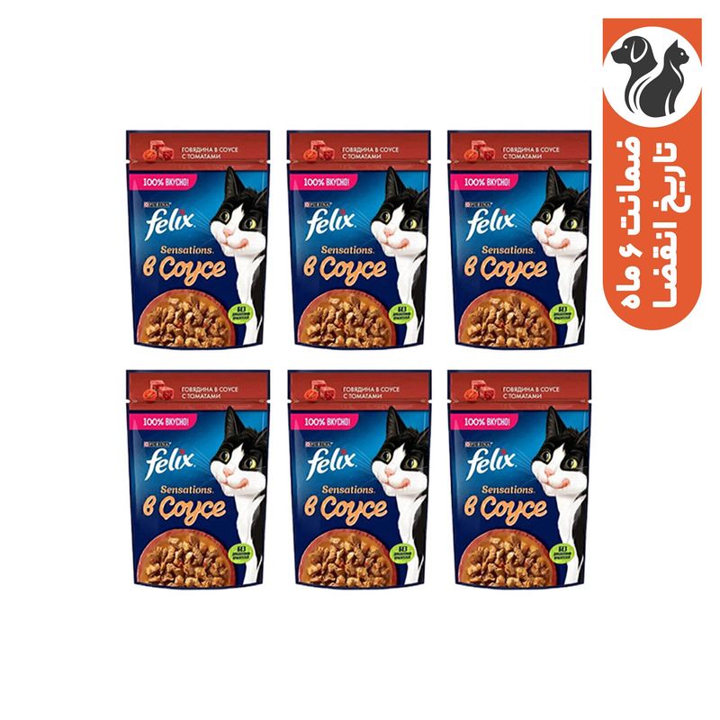 پوچ گربه بالغ فلیکس مدل in sauce طعم گوشت گاو و گوجه فرنگی وزن 410 گرم بسته 6 عددی