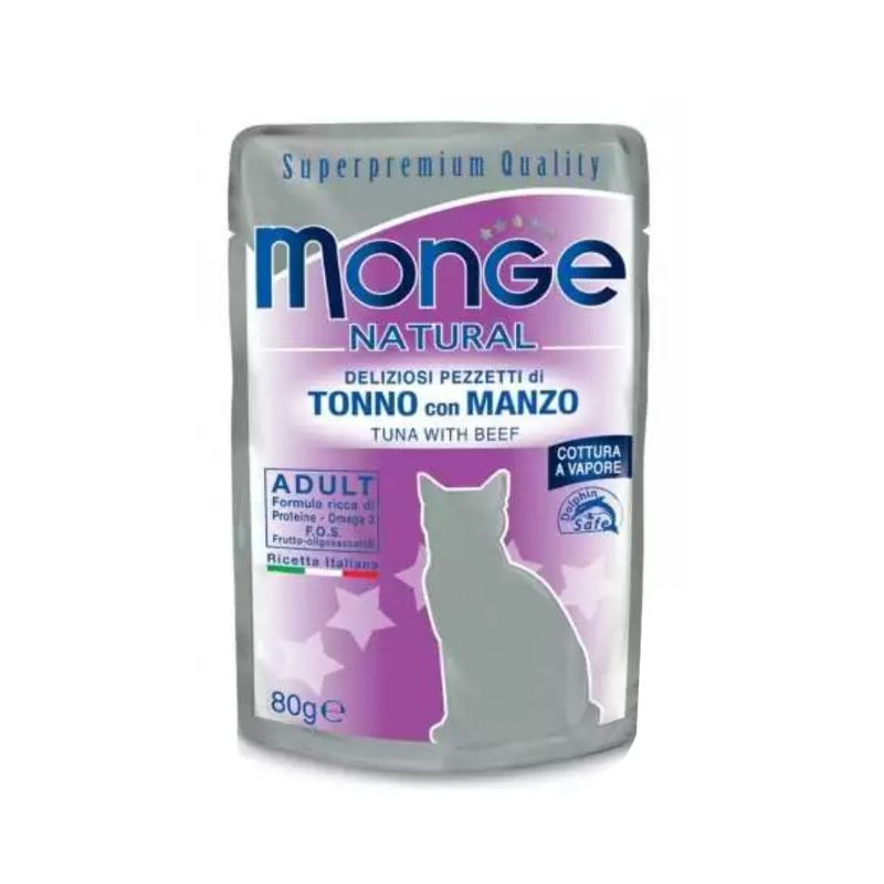 پوچ گربه بالغ مونژه مدل natural adult cat طعم ماهی تن و گوشت گاو وزن 85 گرم
