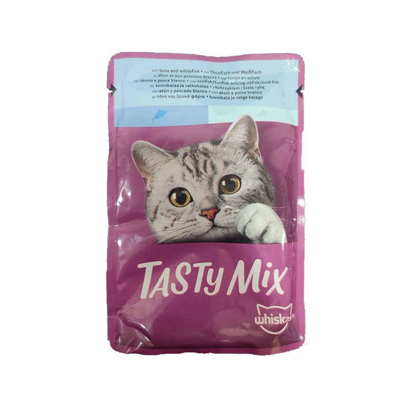 پوچ گربه بالغ ویسکاس مدل catch of the day tasty mix با طعم ماهی تن و ماهی سفید وزن 85 گرم