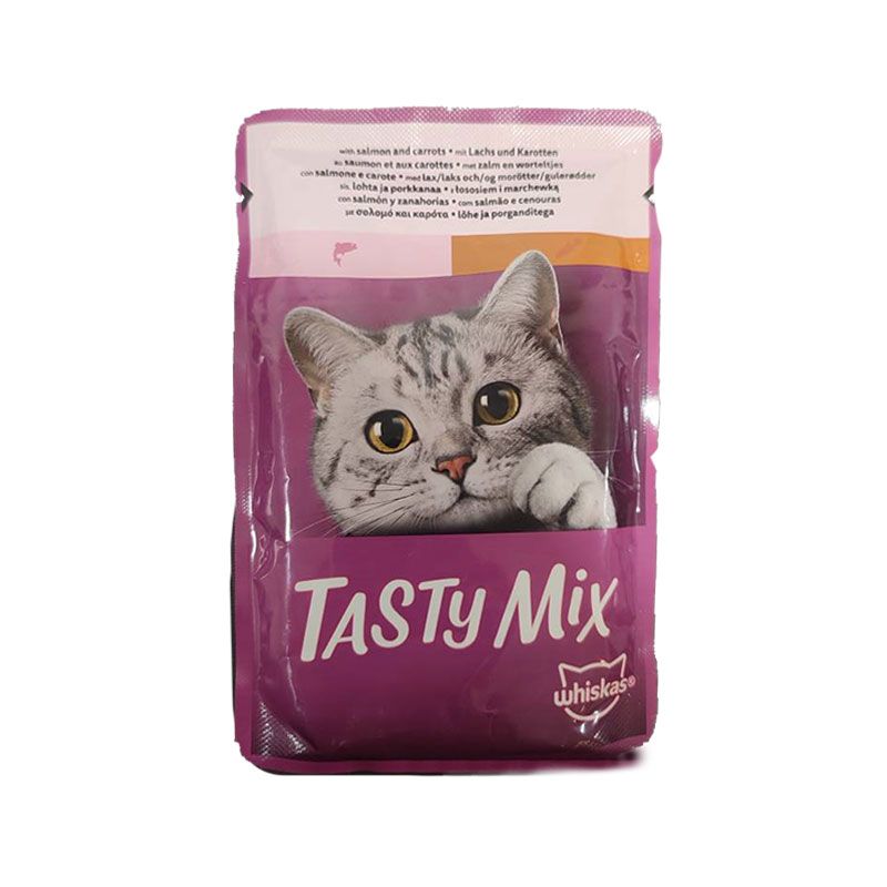 پوچ گربه بالغ ویسکاس مدل catch of the day tasty mix با طعم ماهی سالمون و هویج وزن ۸۵ گرم