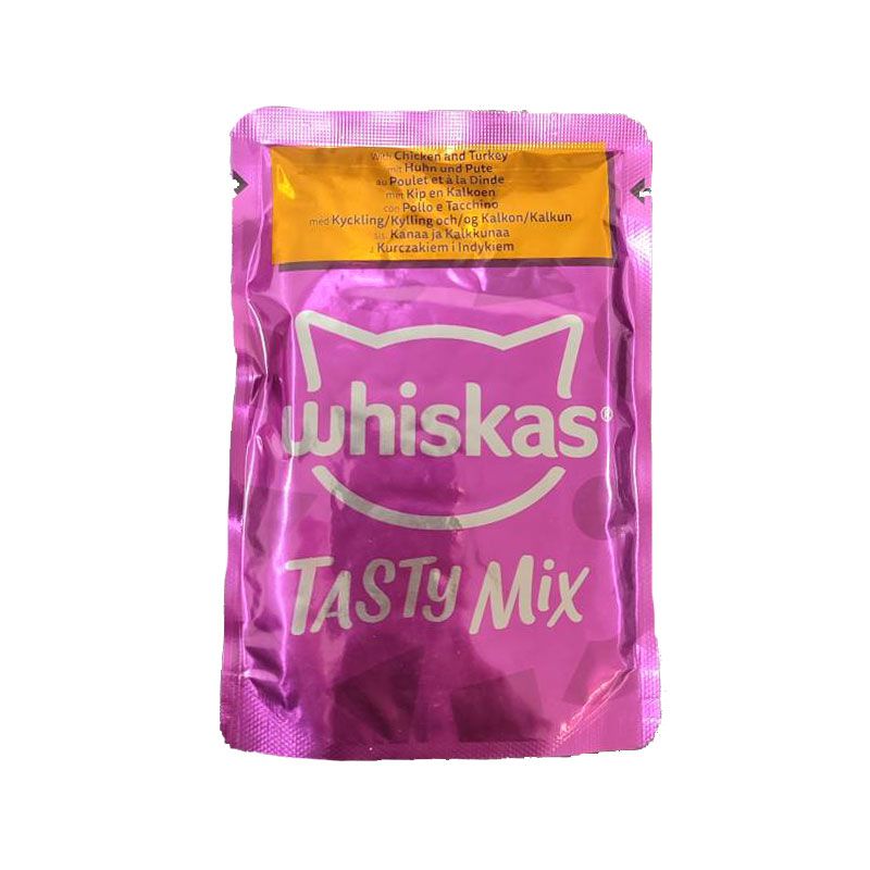 پوچ گربه بالغ ویسکاس مدل tasty mix chefs choice in gravy با طعم مرغ و بوقلمون وزن 85 گرم