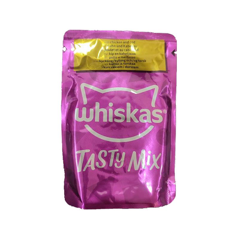 پوچ گربه بالغ ویسکاس مدل tasty mix chefs choice in gravy با طعم مرغ و ماهی کاد وزن 85 گرم