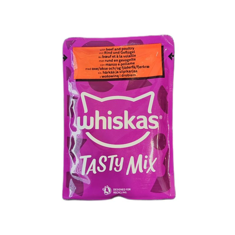 پوچ گربه بالغ ویسکاس مدل tasty mix طعم گوشت گاو مرغ وزن 85 گرم