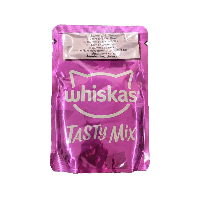 پوچ گربه بالغ ویسکاس مدل whiskas tasty mix chefs choice in gravy با طعم ماهی سالمون و هویج وزن 85 گرم