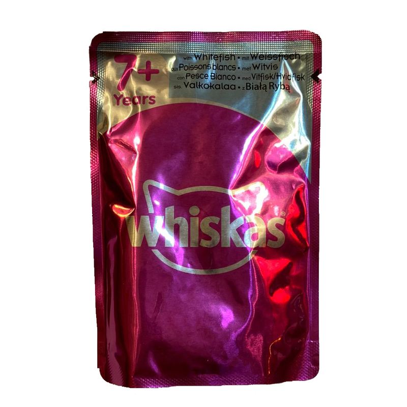 پوچ گربه بالغ ویسکاس مدل whiskas with whitefish وزن 100 گرم