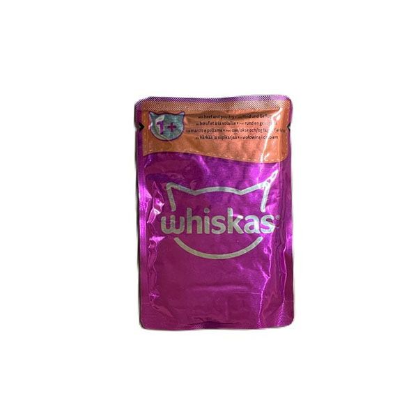 پوچ گربه بالغ ویسکاس مدل ژلی طعم مرغ گوشت گاو وزن 85 گرم