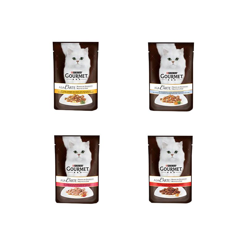 پوچ گربه بالغ گورمت مدل ala carte طعم ماهی مرغ گوشت گاو وزن 85 گرم بسته 4 عددی