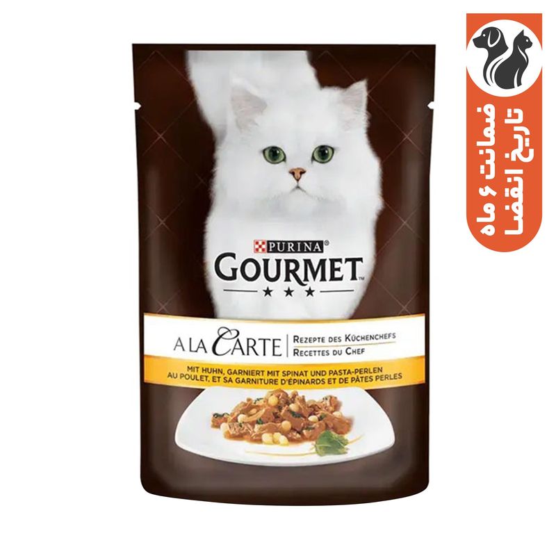 پوچ گربه بالغ گورمت مدل gourmet a la carte طعم مرغ اسفناج و پاستا وزن 85 گرم