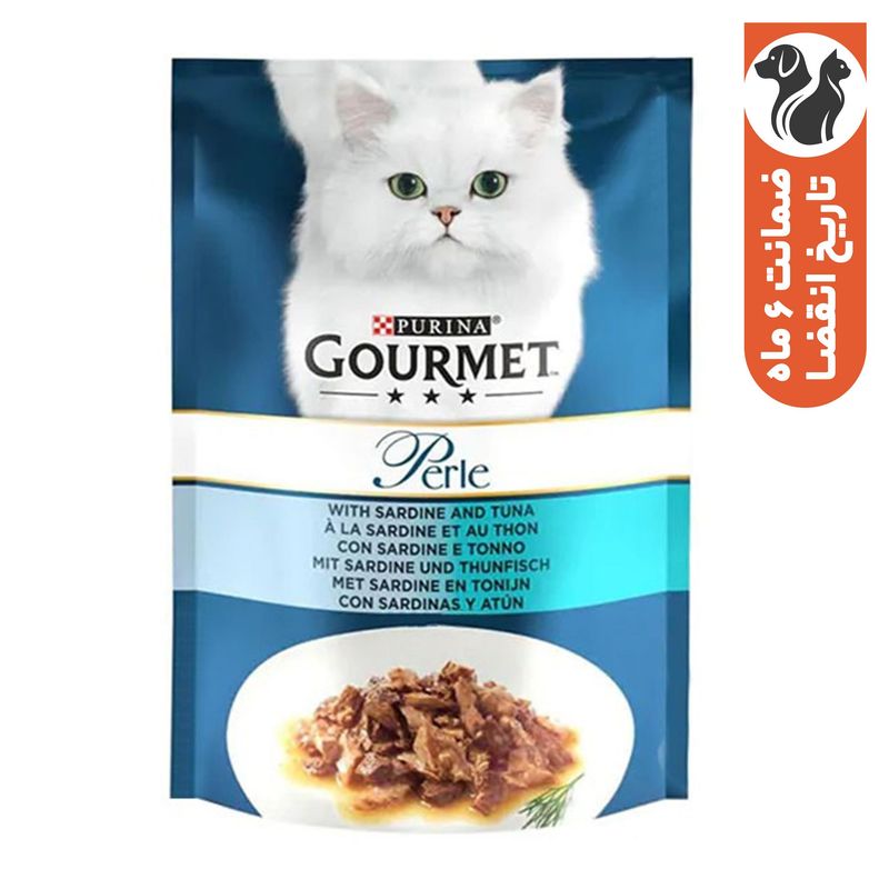 پوچ گربه بالغ گورمت مدل gourmet perle طعم ماهی ساردین و تن وزن 85 گرم