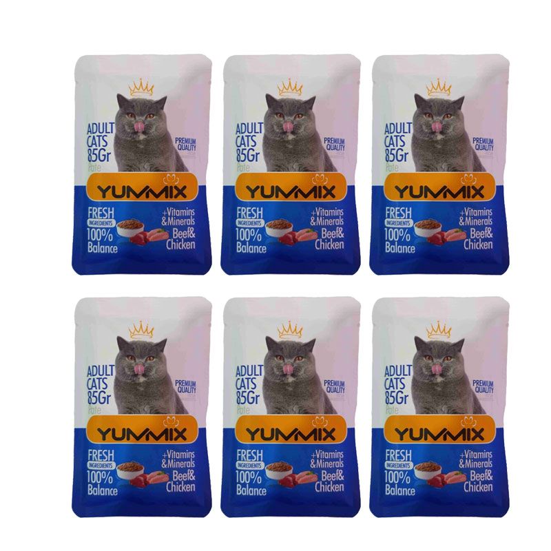 پوچ گربه بالغ یامیکس مدل پوچ گربه طعم مرغ گوشت گاو وزن 85 گرم بسته 6 عددی