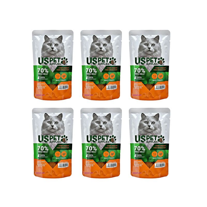 پوچ گربه بالغ یو اس پت مدل fresh meat pack با طعم گوشت گاو بوقلمون وزن 100 گرم بسته 6 عددی