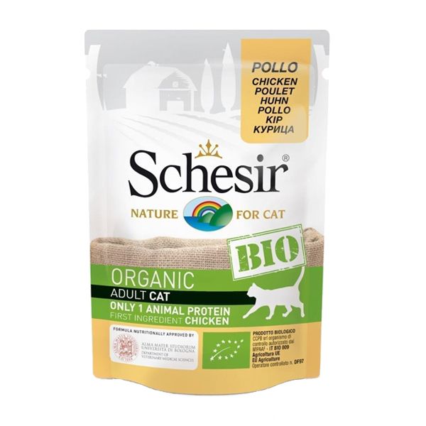 پوچ گربه شسیر مدل organic adult with chicken وزن 85 گرم