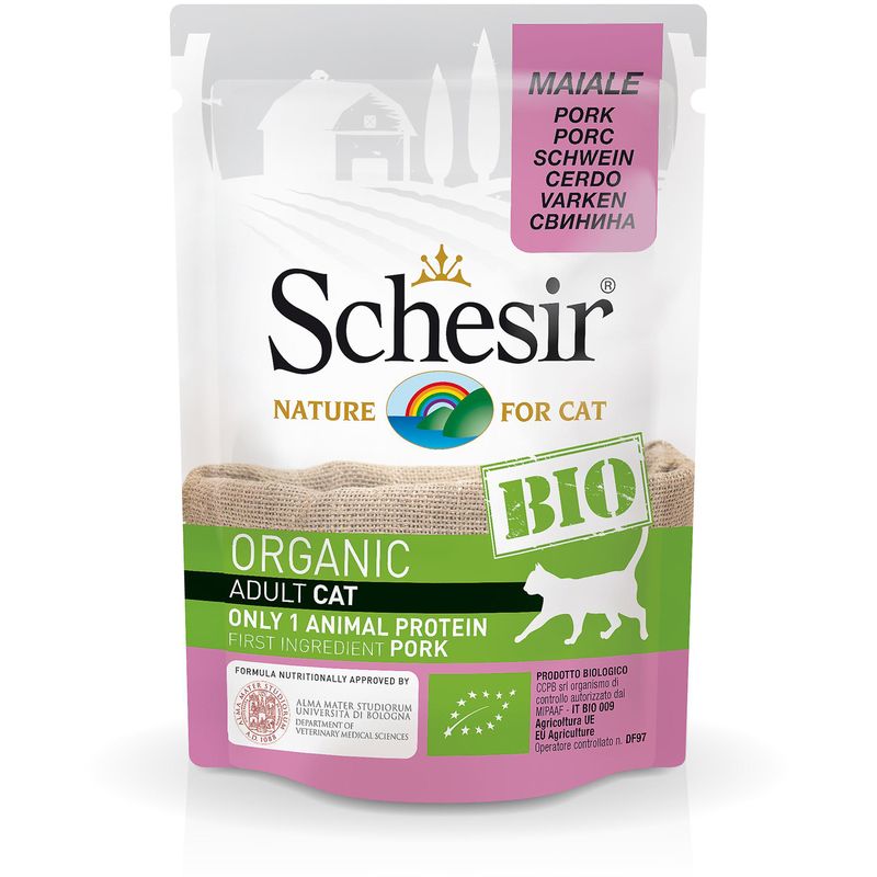 پوچ گربه شسیر مدل pouch bio pork 44300 با طعم فیله گراز وزن 85 گرم