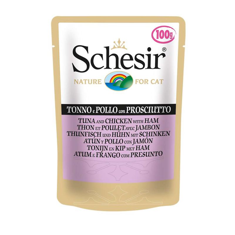 پوچ گربه شسیر مدل pouch tuna & chicken with ham 15778 با طعم ماهی تن با فیله مرغ و ژامبون وزن 100 گرم