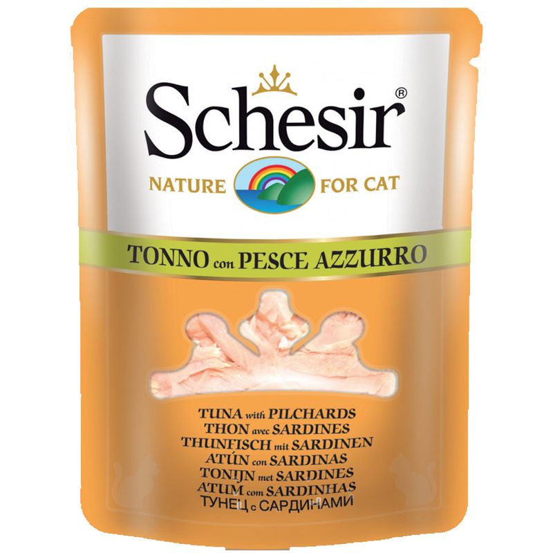 پوچ گربه شسیر مدل pouch tuna with sardines 15886 با طعم ماهی تن و ماهی ساردین وزن 70 گرم