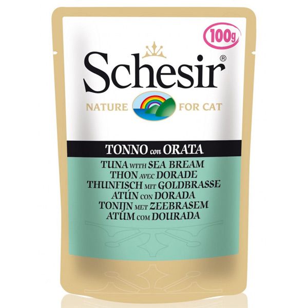 پوچ گربه شسیر مدل pouch tuna with seabream 15815 با طعم ماهی تن و ماهی اقیانوس وزن 100 گرم