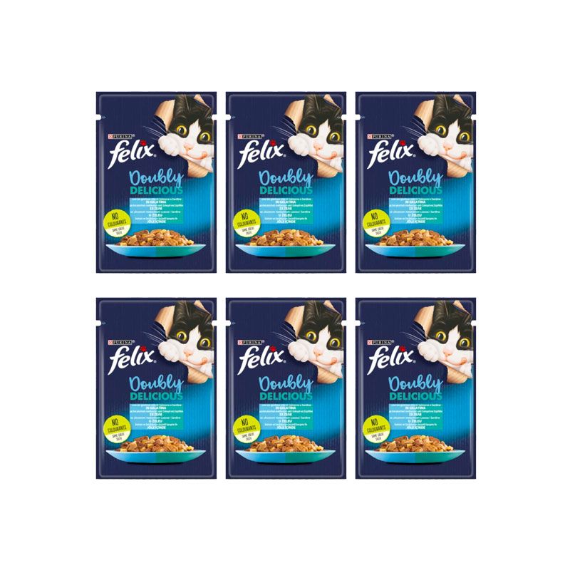 پوچ گربه فلیکس مدل doubly delicious با طعم ماهی سالمون و ساردین بسته 6 عددی