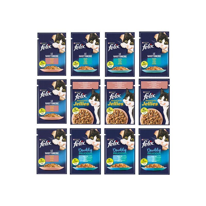 پوچ گربه فلیکس مدل doubly delicious با طعم میکس بسته 12 عددی