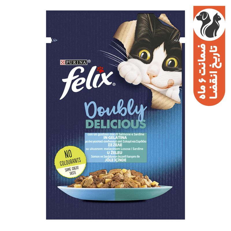 پوچ گربه فلیکس مدل the doubly delicious in jelly با طعم ماهی ساردین و سالمون وزن 85 گرم