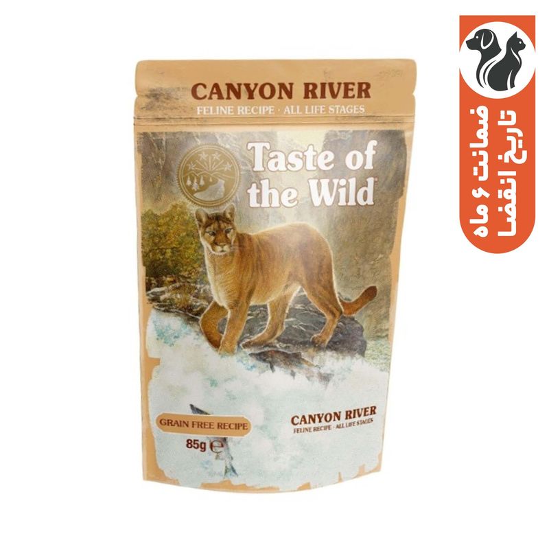 پوچ گربه مسن تیست آف ویلد مدل canyon river feline recipe طعم ماهی قزل‌‌آلا و سالمون وزن ۸۵ گرم