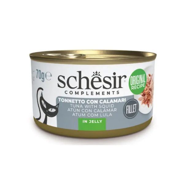 کنسرو شسیر گربه بالغ مدل ژله ای کنسرو طعم tuna & calamar وزن 70 گرم