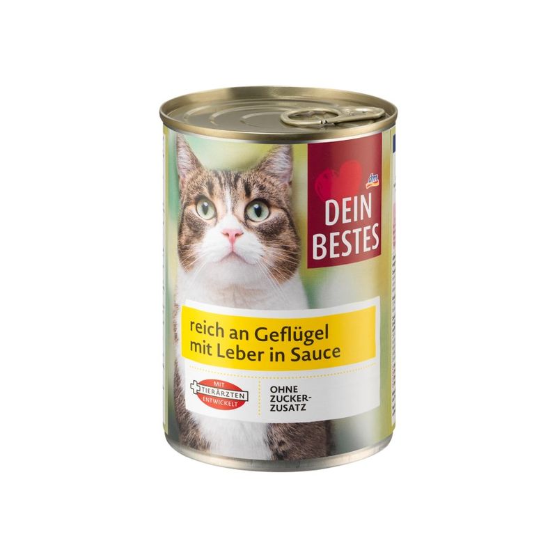 کنسرو غذای گربه بالغ دین بستس مدل geflügel طعم گوشت مرغ و جگر در سس وزن 415 گرم