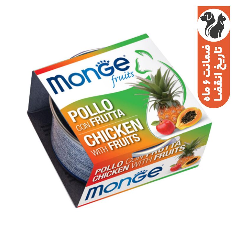 کنسرو غذای گربه بالغ مونژه مدل monge fruits طعم مرغ آناناس سیب و پاپایا وزن 80 گرم