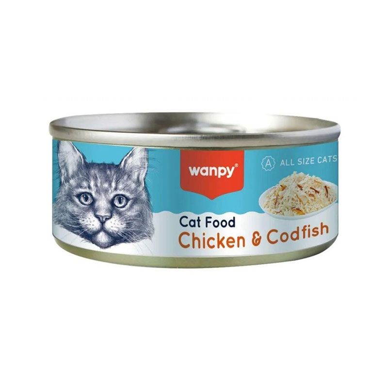 کنسرو غذای گربه بالغ ونپی مدل cat food chicken & codfish طعم مرغ و ماهی کاد وزن 95 گرم