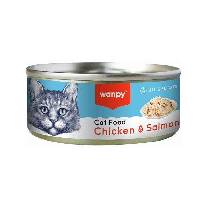 کنسرو غذای گربه بالغ ونپی مدل cat food chicken & salmon طعم مرغ و ماهی سالمون وزن 95 گرم