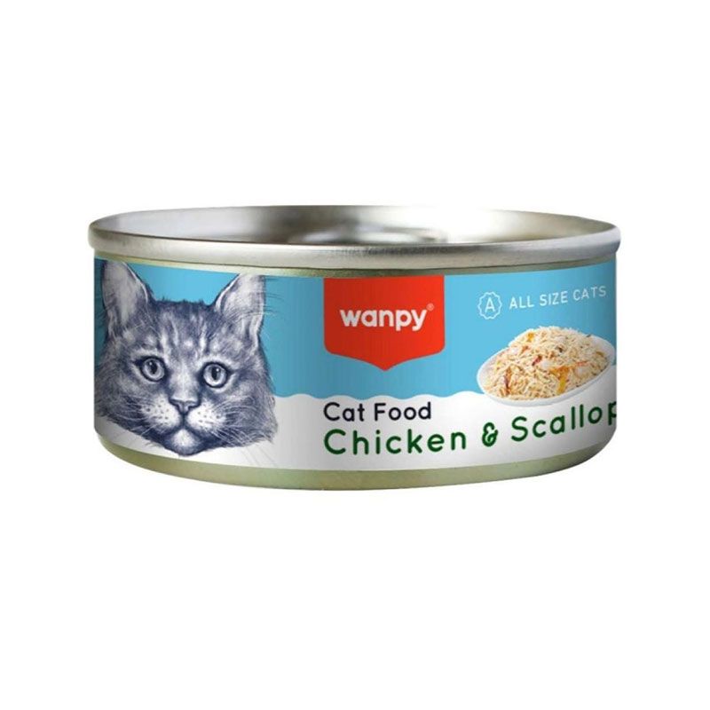 کنسرو غذای گربه بالغ ونپی مدل cat food chicken & scallop طعم مرغ و گوش ماهی وزن 95 گرم