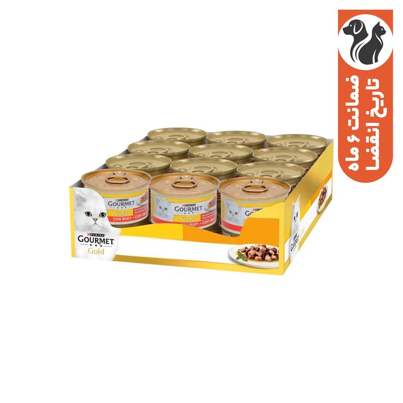 کنسرو غذای گربه بالغ گورمت مدل gold bites in sauce طعم گوشت گاو وزن 85 گرم بسته 24 عددی