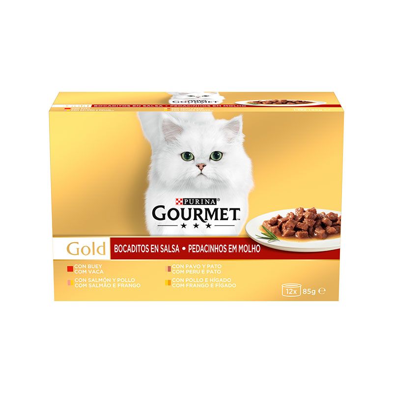 کنسرو غذای گربه بالغ گورمت مدل gold chunks in gravy بافت خورشتی با طعم میکس وزن 85 گرم بسته 12 عددی