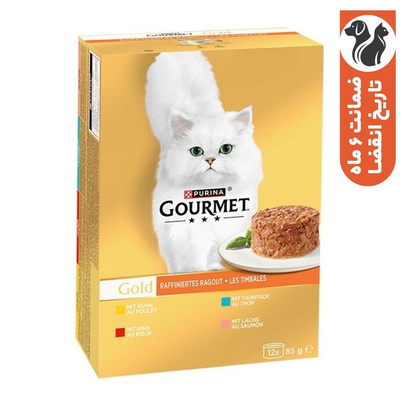 کنسرو غذای گربه بالغ گورمت مدل gold savoury cake pack با طعم مرغ ماهی گوشت گاو بسته 12 عددی