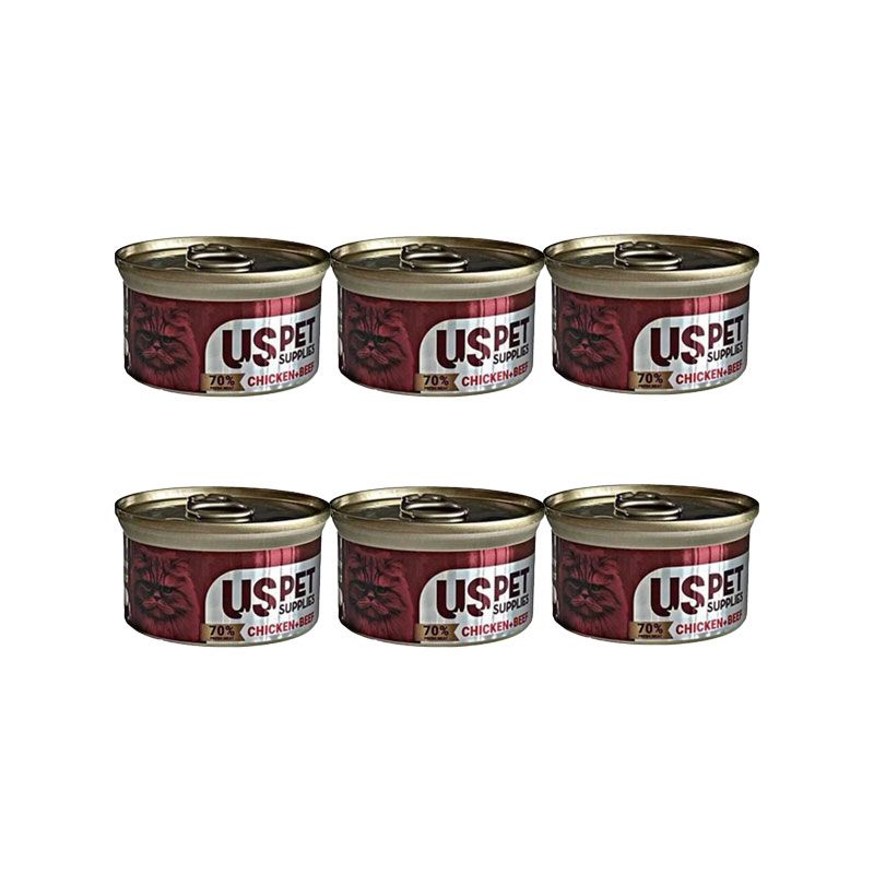 کنسرو غذای گربه بالغ یو اس پت مدل slice meat pack طعم مرغ و گوشت گاو وزن 85 گرم بسته 6 عددی