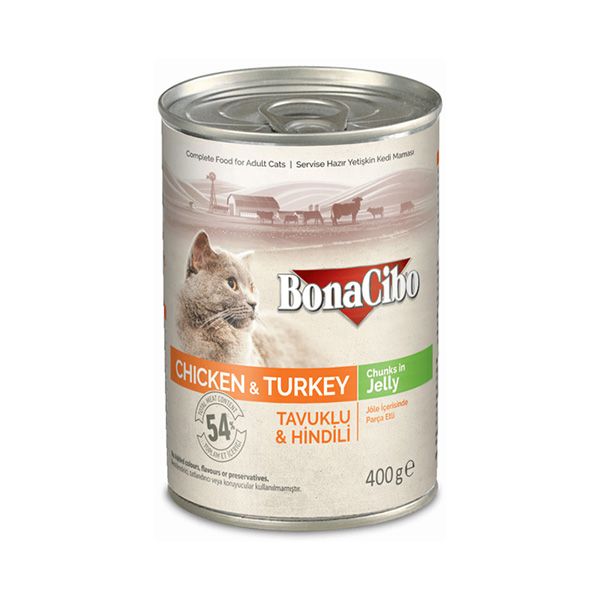 کنسرو غذای گربه بوناسیبو مدل chicken & turkey وزن 400 گرم