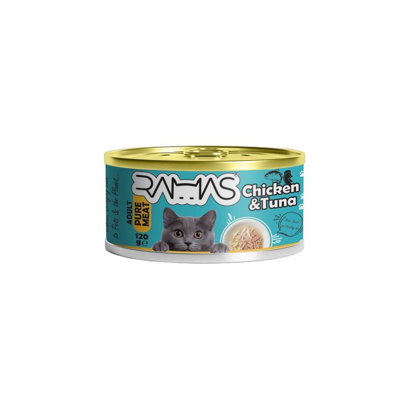 کنسرو غذای گربه راماس مدل chicken tuna طعم مرغ و تن وزن 120 گرم بسته 6 عددی